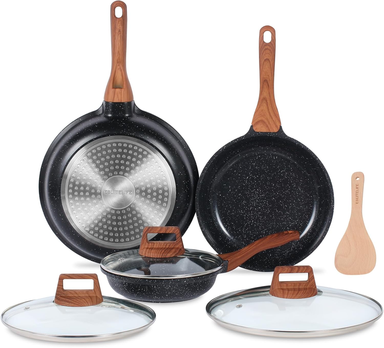 ESLITE LIFE Nonstick Ceramic Frying Pans Skillets Set with Lids, Non-Toxic Egg Omelette Kitchen Cooking Pans Compatible with All Stovetops (Gas, Electric & Induction), PTFE & PFOA Free (Black)