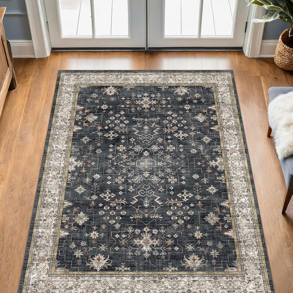 Large 3x5 Entryway Rug Indoor - Washable Non-Slip Low Pile Ultra Soft Area Rug for Large Kitchen, Bedroom Bedside, Mudroom - Boho Modern Aesthetic Geometric Decor (3x5 Black\/Multi)