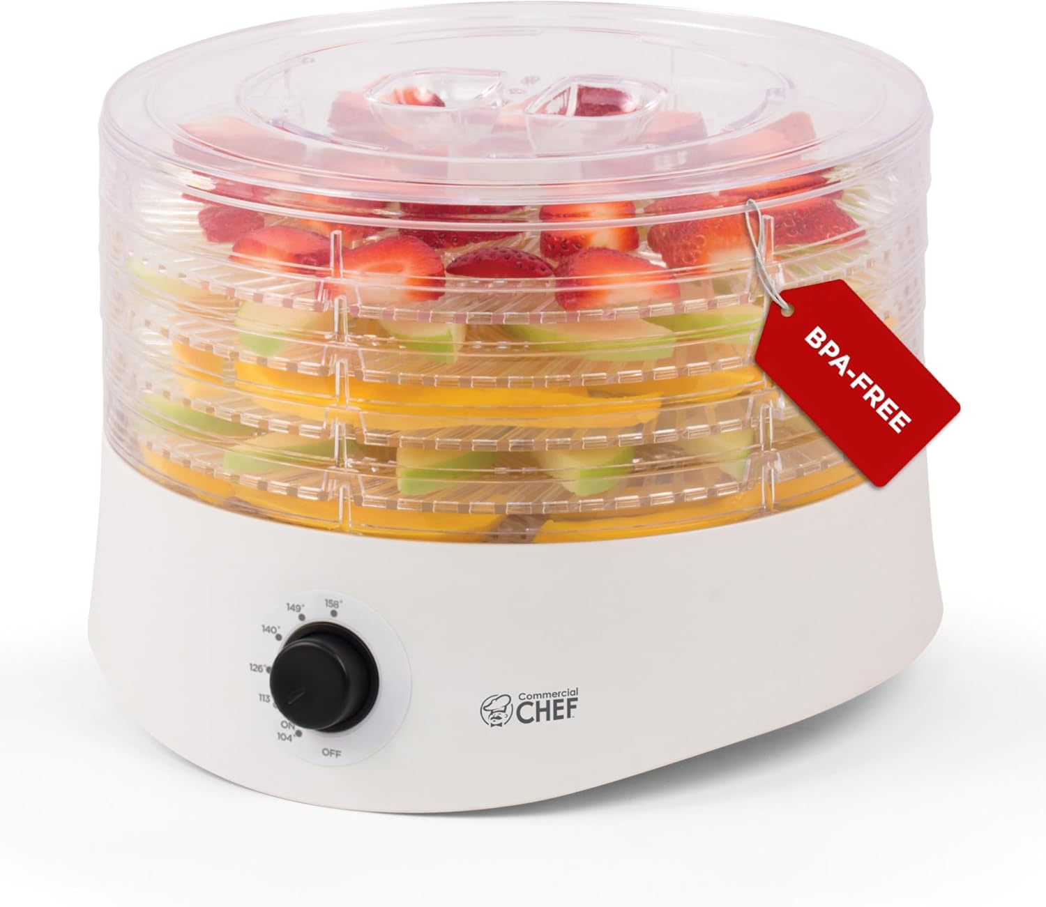 Commercial Chef Food Dehydrator, Five 9.25\u201D BPA-Free Plastic Trays, Dehydrates and Dries Meat, Fruit, Veggies and Jerky, 280W Dehydration Machine, Adjustable Thermostat, CCD100W6, White