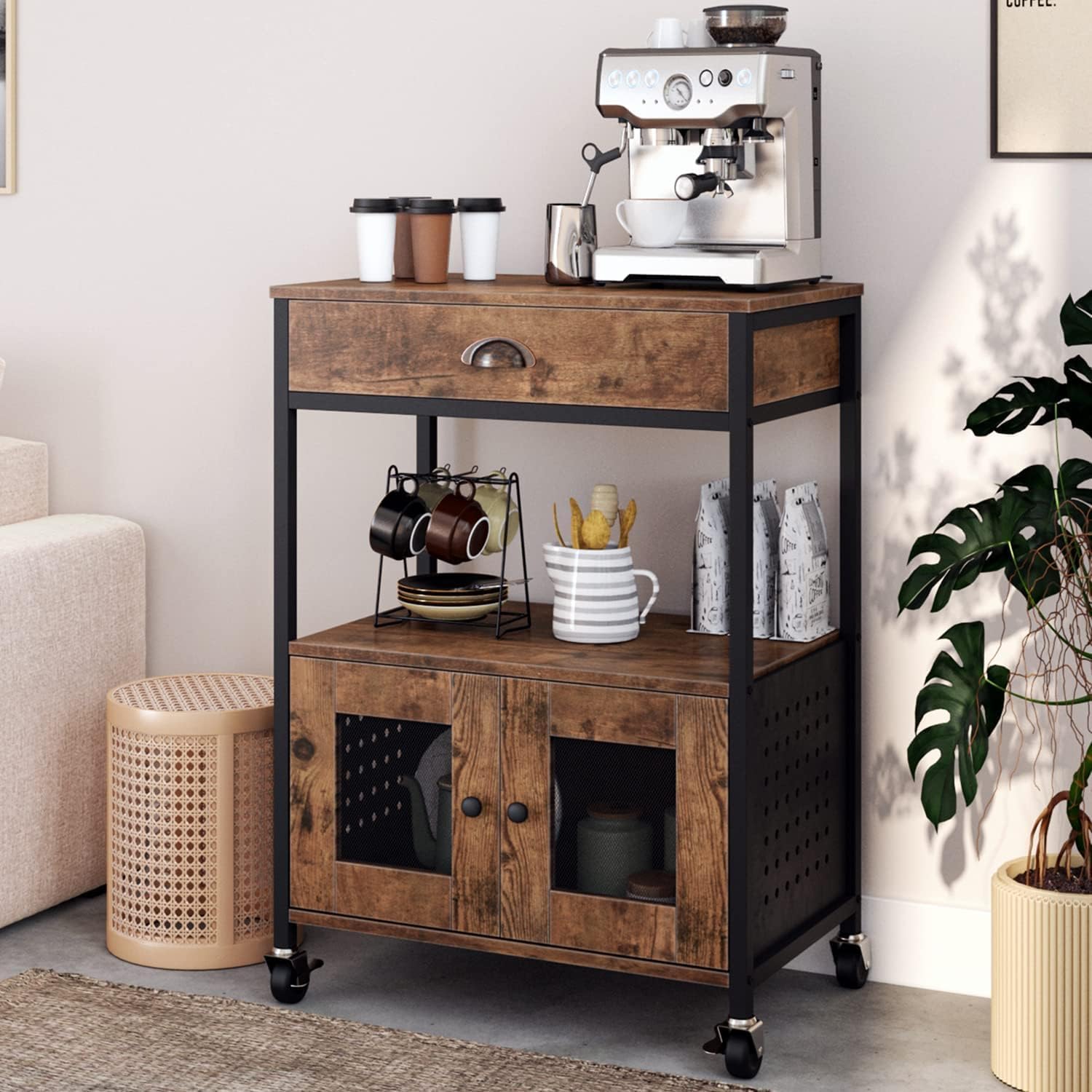 Catrimown Coffee Cart Station, Coffee Stand Station, Small Microwave Stand with Drawer, Movable Farmhouse Coffee Station Table on Wheels for Living Room, Entryway, Dining Room, Kitchen