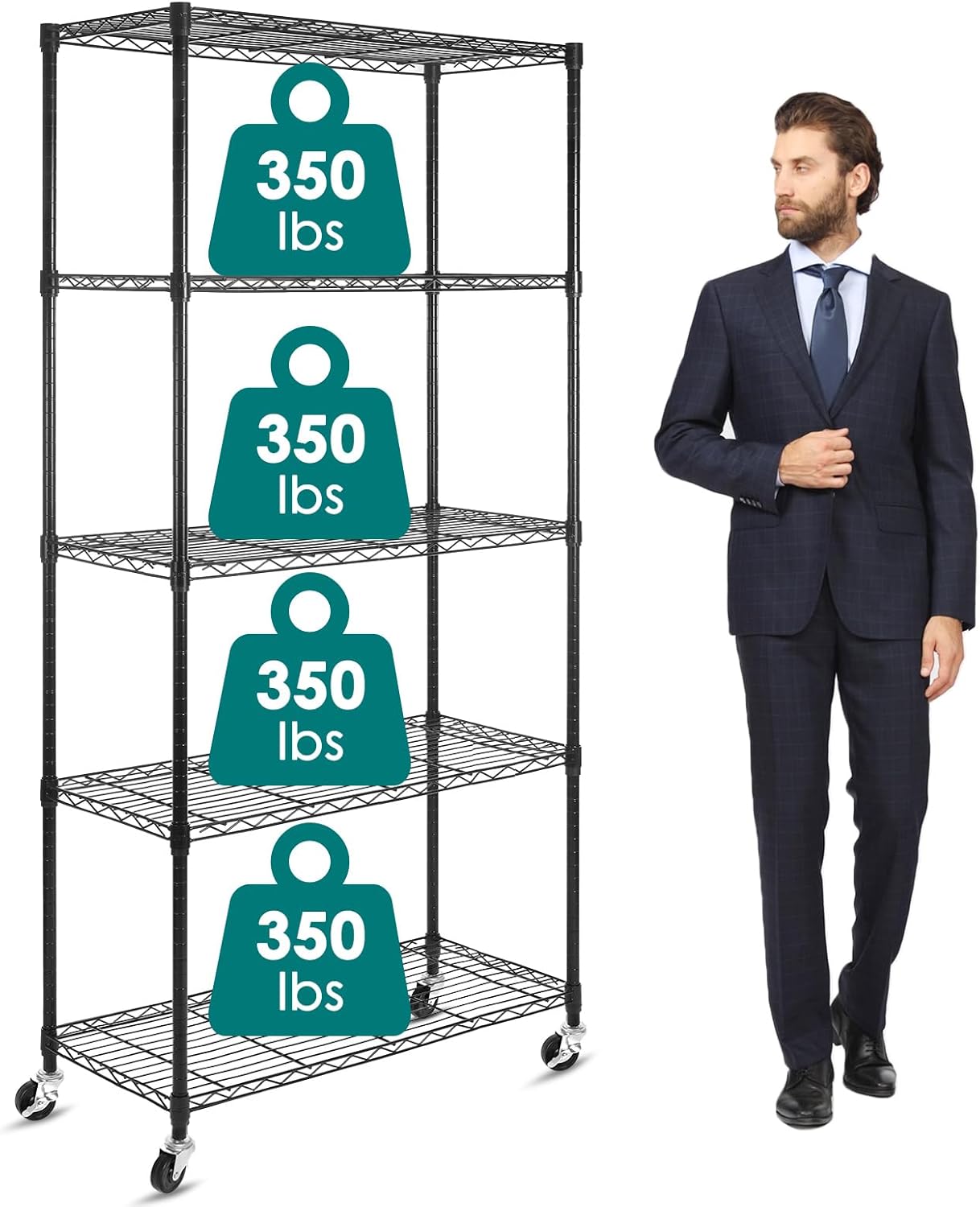 WDT 5-Shelf Shelving Units on Wheels Casters, Adjustable Heavy Duty Metal Shelf Wire Storage Rack for Home Office Garage Kitchen Bathroom Organization(16\u201DWx36\u201DDx75\u201DH), Black