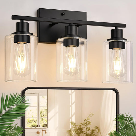 Indoi 3 Light Bathroom Light Fixtures, Matte Black Modern Vanity Lights with Clear Glass Shade, Bathroom Wall Lamp for Mirror Kitchen Living Room Hallway Cabinet Porch