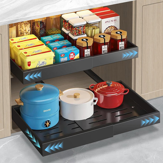 ByNaRIX 2 Pack Expandable Pull Out Cabinet Organizer 16.5" Deep, 3 Rails Slide Out Drawer for Kitchen Cabinet, Adjustable No Drill Roll Out Shelf Adhesive with Nano Film 12.2"-20.5" W Black
