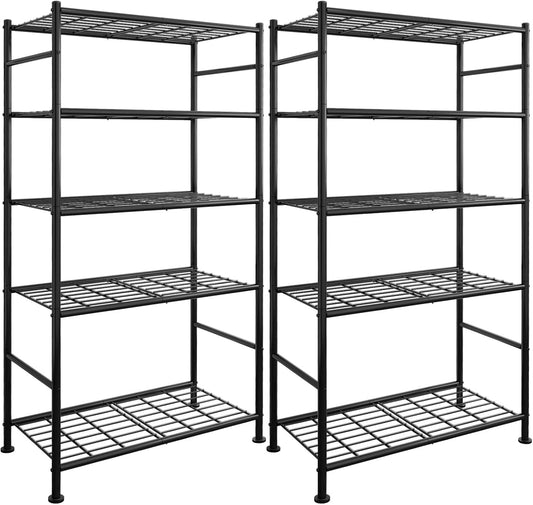 Sakugi Storage Shelves - Set of 2, 5-Tier Large Metal Shelf Organizer, Heavy-Duty Garage Shelving with Leveling Feet, Stable Shelves Organizer for Pantry, Kitchen, Basement, 33.5" x 12.6" x 72", Black