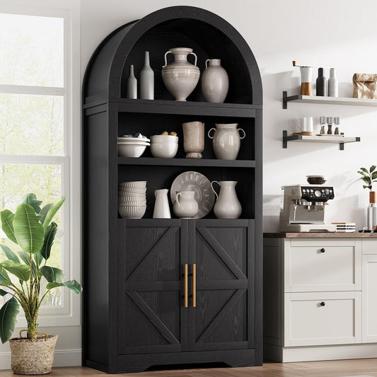 Jocoevol Kitchen Pantry Cabinet, Arched Bookshelf Bookcase China Pantry Storage Cabinet with Doors and Shelves,71\u201C Tall Food Pantry Funiture for Living Room,Dining Room (Black)