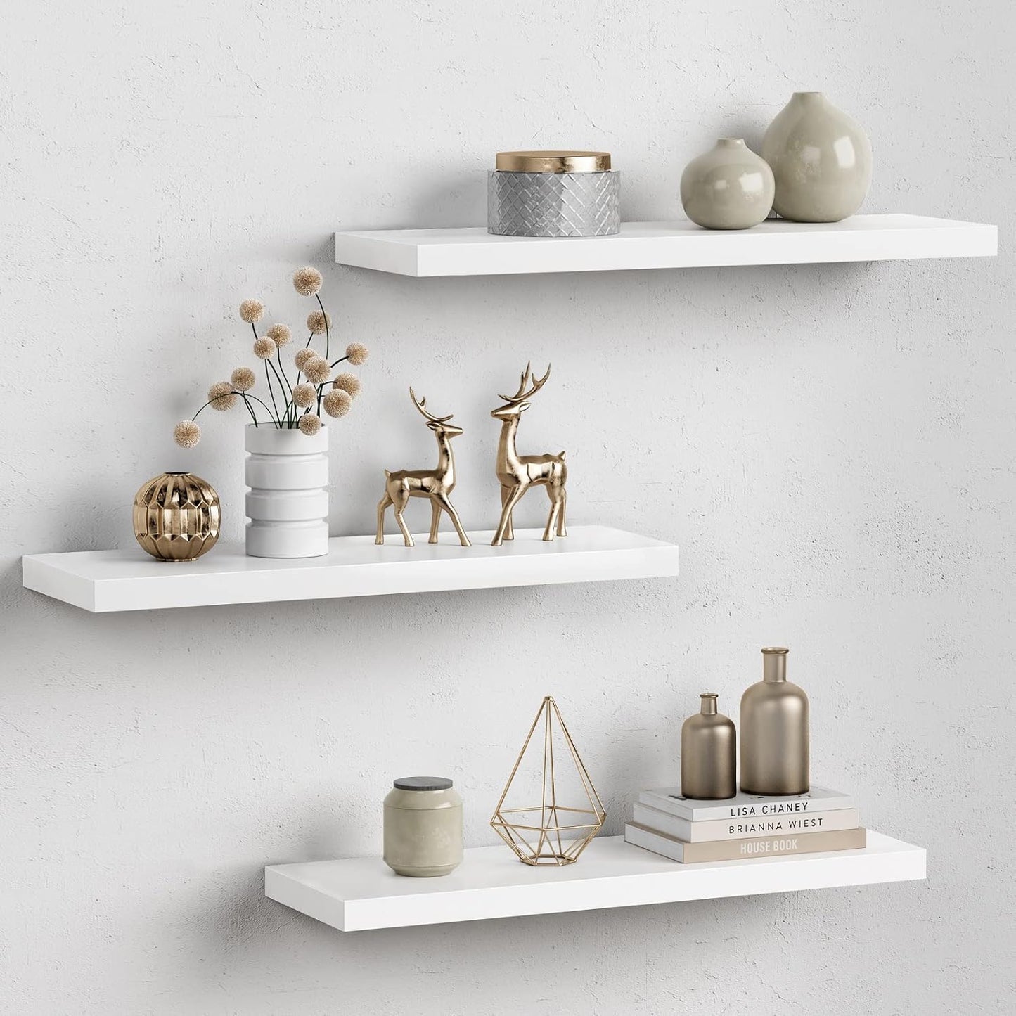 Forbena White Floating Shelves for Wall Decor, 24 Inches Long Wall Shelves for Bedroom Storage, Large Deep Hanging Shelves for Bathroom Office Laundry Living Room Book Kitchen Closet -Set of 3