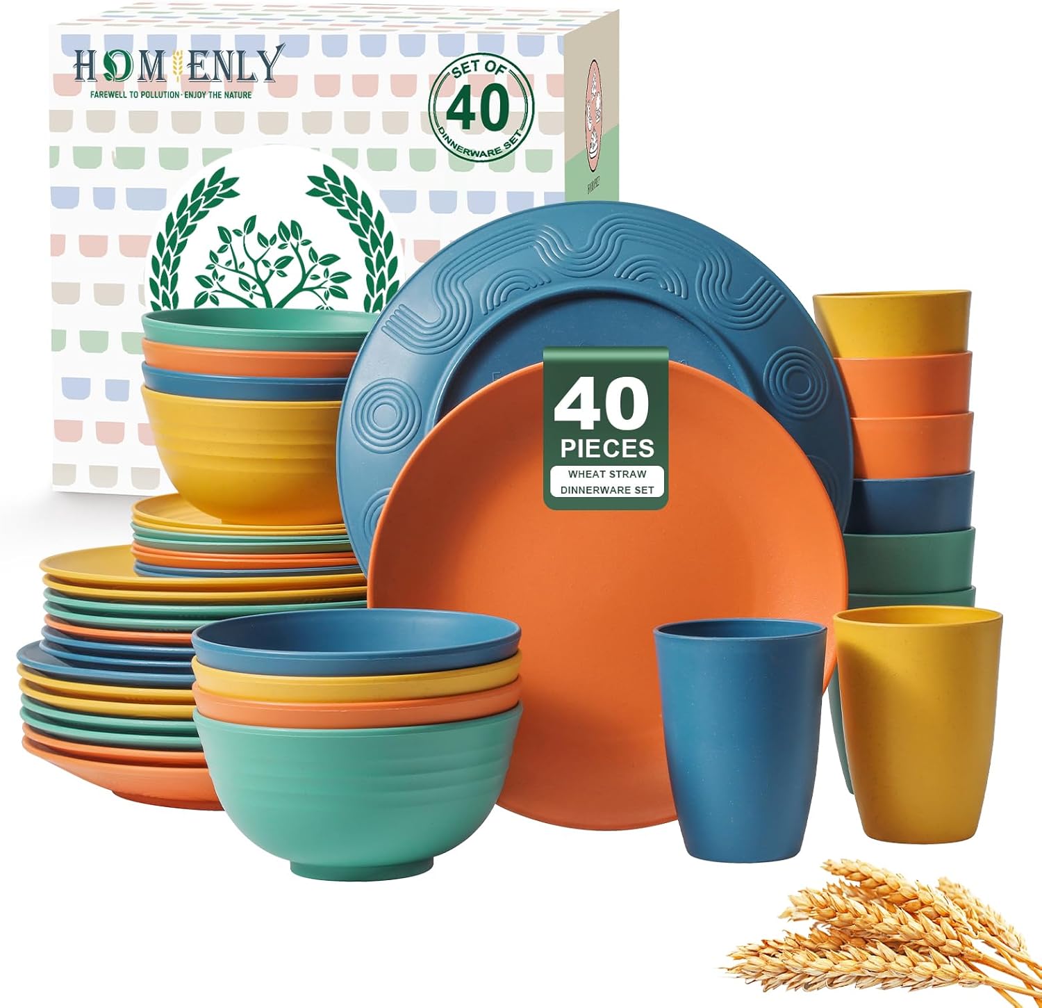 Homienly 40-Piece Premium Wheat Straw Dinnerware Sets, Service for 8, Unbreakable Plates and Bowls Set - Cups Sets, Dinner Plates, Bowls for Kitchen,Dishwasher and Microwave Safe Dishes Set - Multi