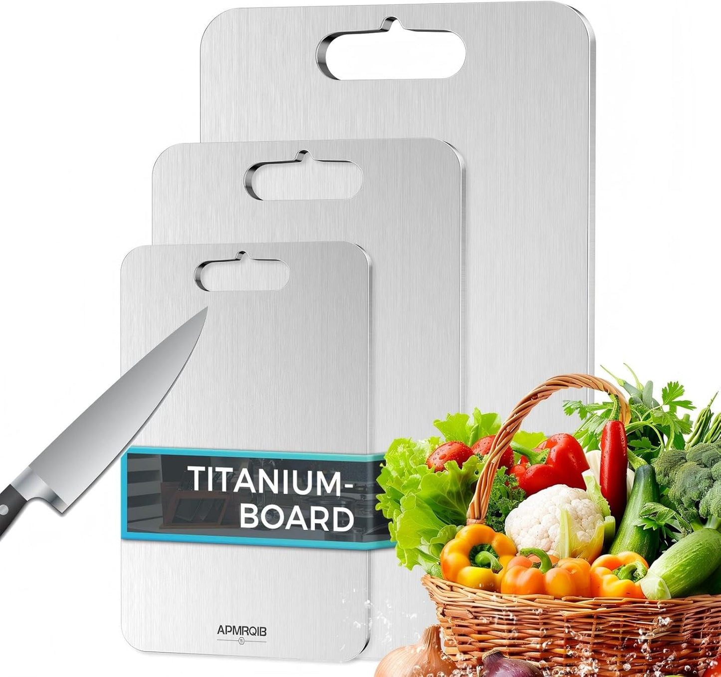 APMRQIB Titanium Cutting Board Set of 3,100% Pure Titanium Cutting Boards for Kitchen, Double Sided Non Toxic Cutting Board, Ideal Charcuterie & Chopping for Meat, Hygiene Durable Dishwasher（S+M+L)