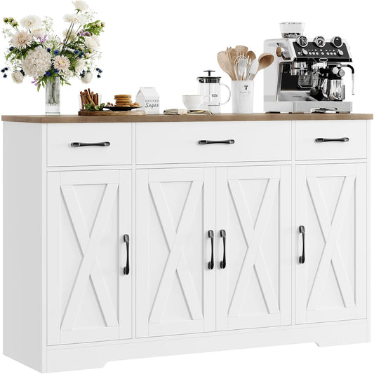 HOSTACK Buffet Cabinet with Drawers, 55" Large Sideboard Buffet Storage Cabinet with Shelves and Doors, Modern Farmhouse Coffee Bar Station Wood Kitchen Table for Kitchen, Dining Room, White\/Rustic