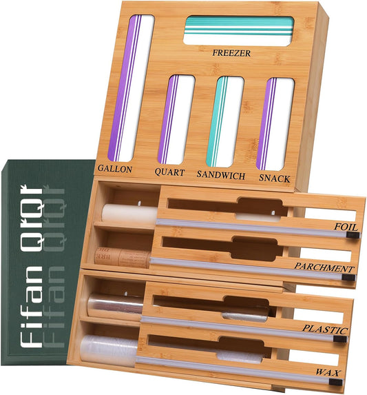 FifanQiQi 9 In 1 Storage Bag Organizer And Plastic Wrap Dispenser With Cutter, Bamboo Foil and Plastic Wrap Organizer(Natural)