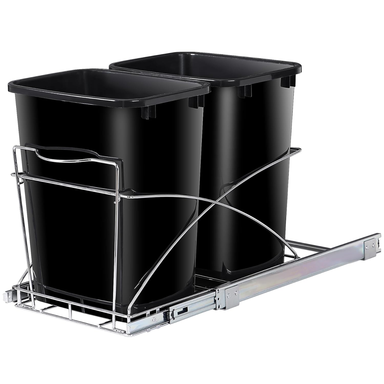 SUPER DEAL Double 35-Quart Pull Out Trash Can Under Cabinets Under Sink Garbage Sliding Waste Bin Container Recycling Bins with Chrome Wire Bottom Mount 44 lbs Load Capacity, Black