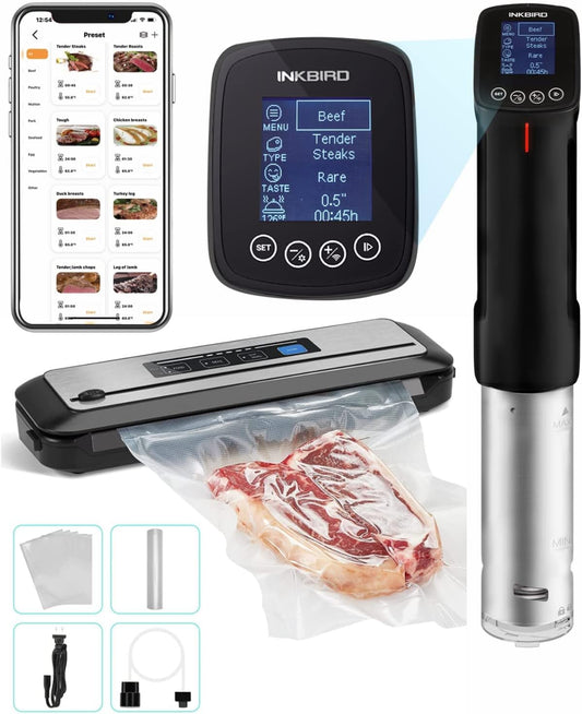 Inkbird WIFI Sous Vide Machine ISV-100W| 1000W Sous-Vide Cooker Immersion Circulator with 14 Preset Recipes on APP and Thermal Immersion, Fast-Heating with Timer (Sous Vide +Vacuum Sealer Machines)
