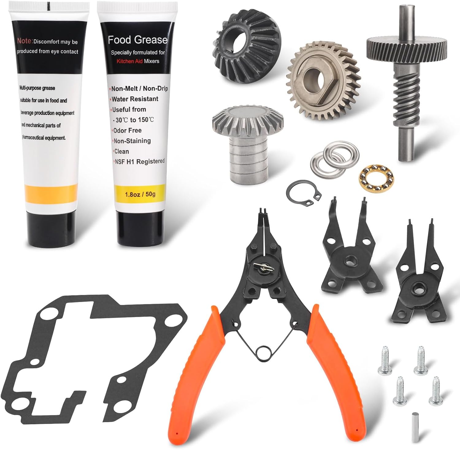 Worm Gear Kit 9706529, 9709511, 9703337, 9709231 Compatible With Whirlpool/KitchenAid 5QT & 6QT Stand Mixer with Worm Gear, Food Grade Grease, Retaining Ring Pliers, Mixer Bevel Gear Kit etc