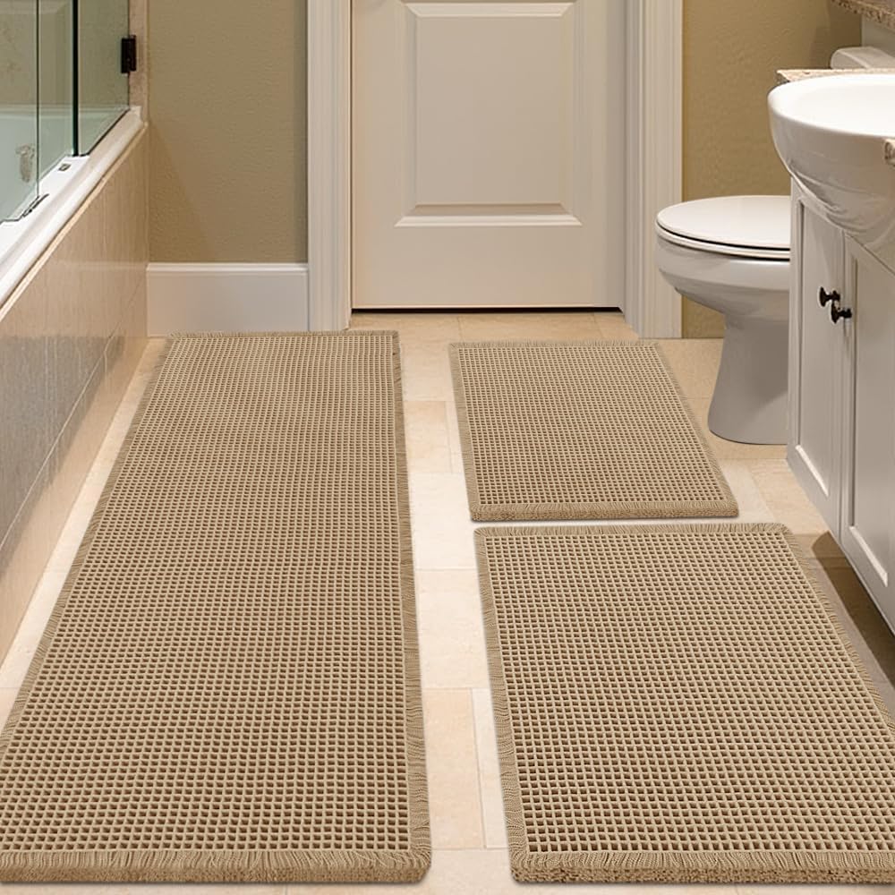 IM HOME Waffle Bath Mat Set 3 Piece Beige,Woven Modern Bath Rug Mats, Absorbent Non Slip Bath Floor Mat, Soft Washable Boho Bath Rugs with Tassels for Bathroom, Bedroom, Kitchen,Tub