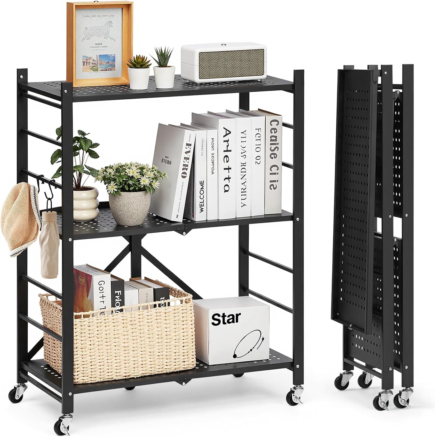 VEVOR 3-Tier Foldable Storage Shelf, 28W x 13D x 36H Inch Folding Metal Rack Shelving Unit, No Assembly Organizer Shelf with 5 Wheels & 4 Hooks for Pantry, Kitchen, Garage, Basement, Black