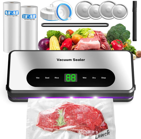 Vacuum Sealer Machine with UV-C Light, Includes Mason Jar Sealer Kit and 2 Bag Rolls, Digital Display & Built-in Cutter, Fully Automatic Dry & Moist Modes, Compact for Food Storage and Sous Vide
