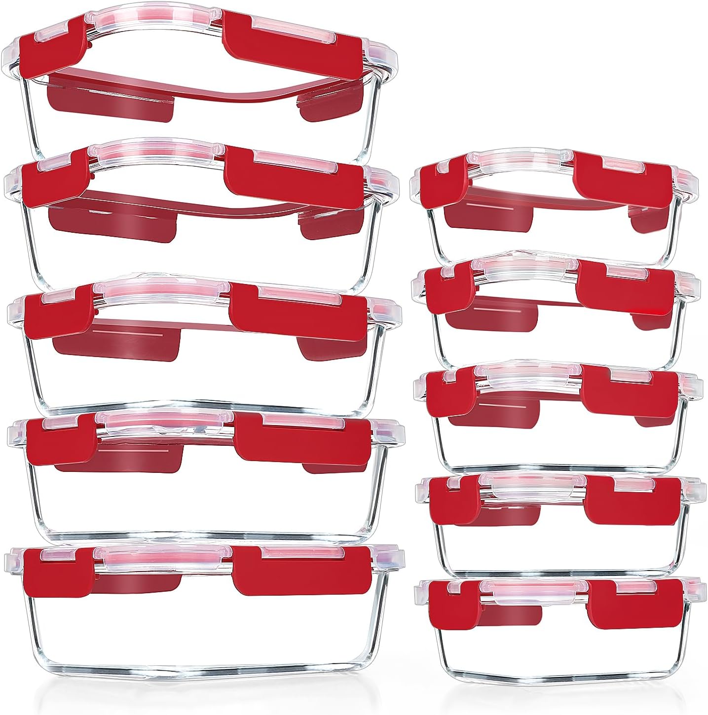 VERONES 10Pack Glass Meal Prep Containers, Airtight Glass Lunch Containers,Stackable Glass Food Storage Containers Set with Lids,Exclusive of BPA, for Microwave,Oven, Freezer&Dishwasher Friendly,Red
