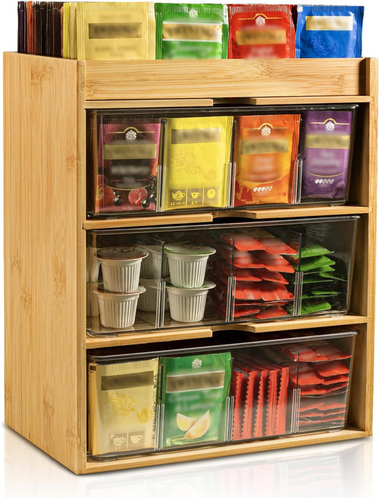 TIMIEEYA Tea Bag Organizer - Bamboo Tea Storage With Drawer 3 Layer, Organizer for Tea Bags Natural Wood & Acrylic for Countertop Office Kitchen Cabinet Pantry