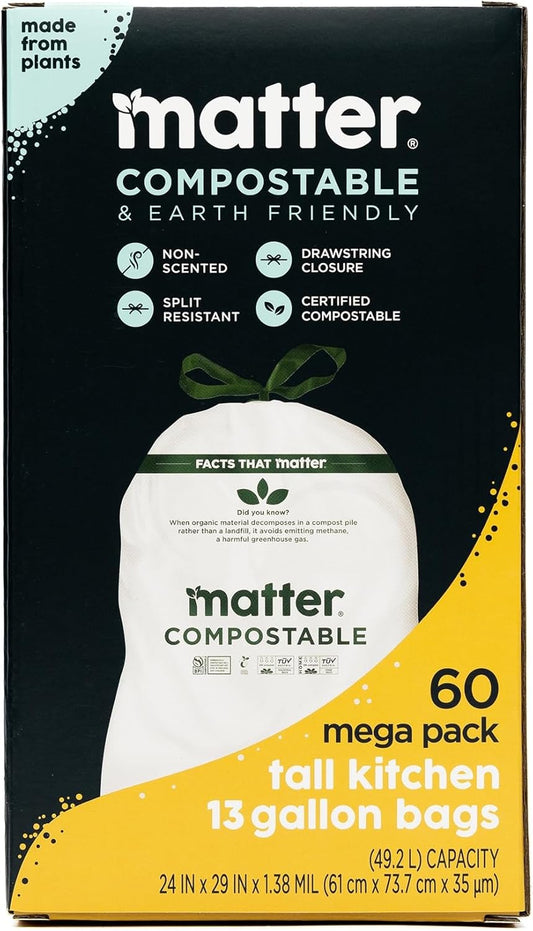 Matter Compostable 13 Gallon Tall Kitchen Trash Bags with Drawstring, Eco-Friendly, Unscented, Durable, Leak-Resistant, 60 Count