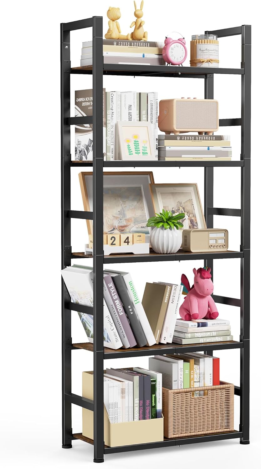 Sakugi Book Shelf - 5-Tier Space-Saving Bookcase with Sidebars & Leveling Feet, Rustproof Storage Shelves for Home Office, Living Room, Kitchen, 23.6" x 10.6" x 58", Brown