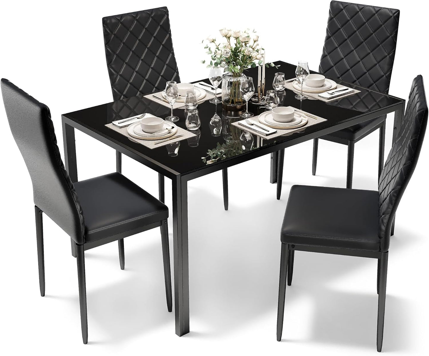 Sino Salected Dining Table Set for 4, Kitchen Table and Chairs Set of 4, 5 Piece Modern Dining Room Table Set with Tempered Glass Top and PU Leather Chairs for Small Space, Apartment, Black