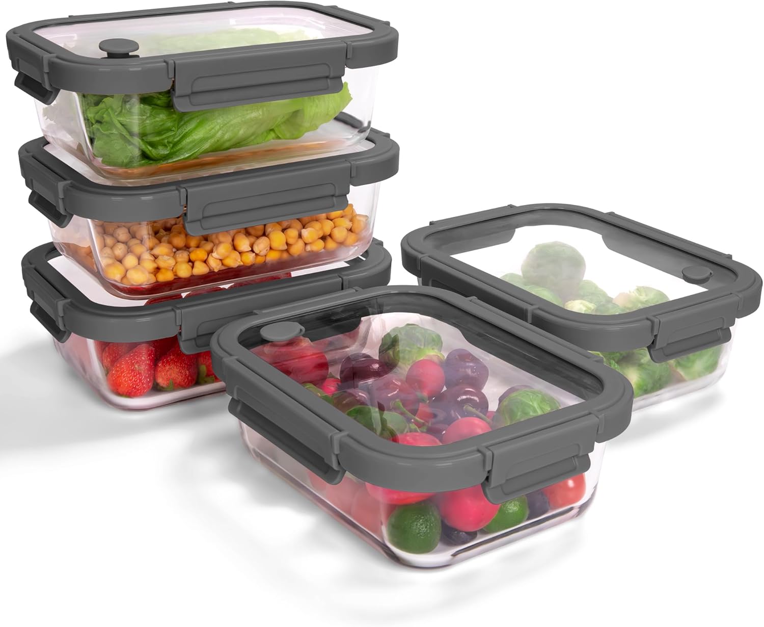 BOROHOUSE 5-Pack Borosilicate Glass Containers with Tempered Lids, 35.2oz\/4.4 Cup Airtight Meal Prep Set, Microwave\/Freezer Safe (Gray)
