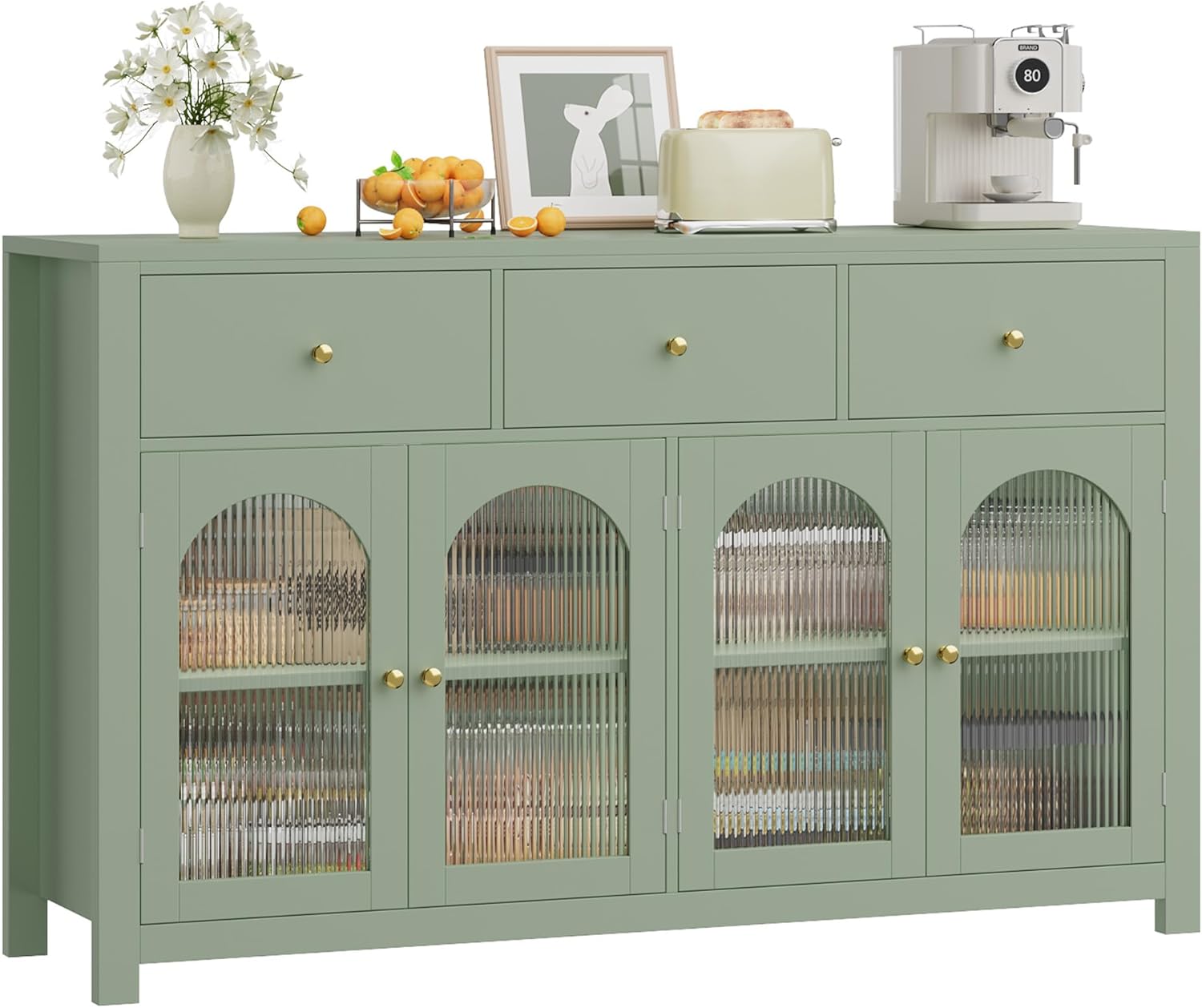 FINETONES Buffet Cabinet with Storage, 55.1" Large Sideboard Buffet, Farmhouse Kitchen Cabinet with 3 Drawers and 4 Doors, Wood Coffee Bar Table for Kitchen, Green