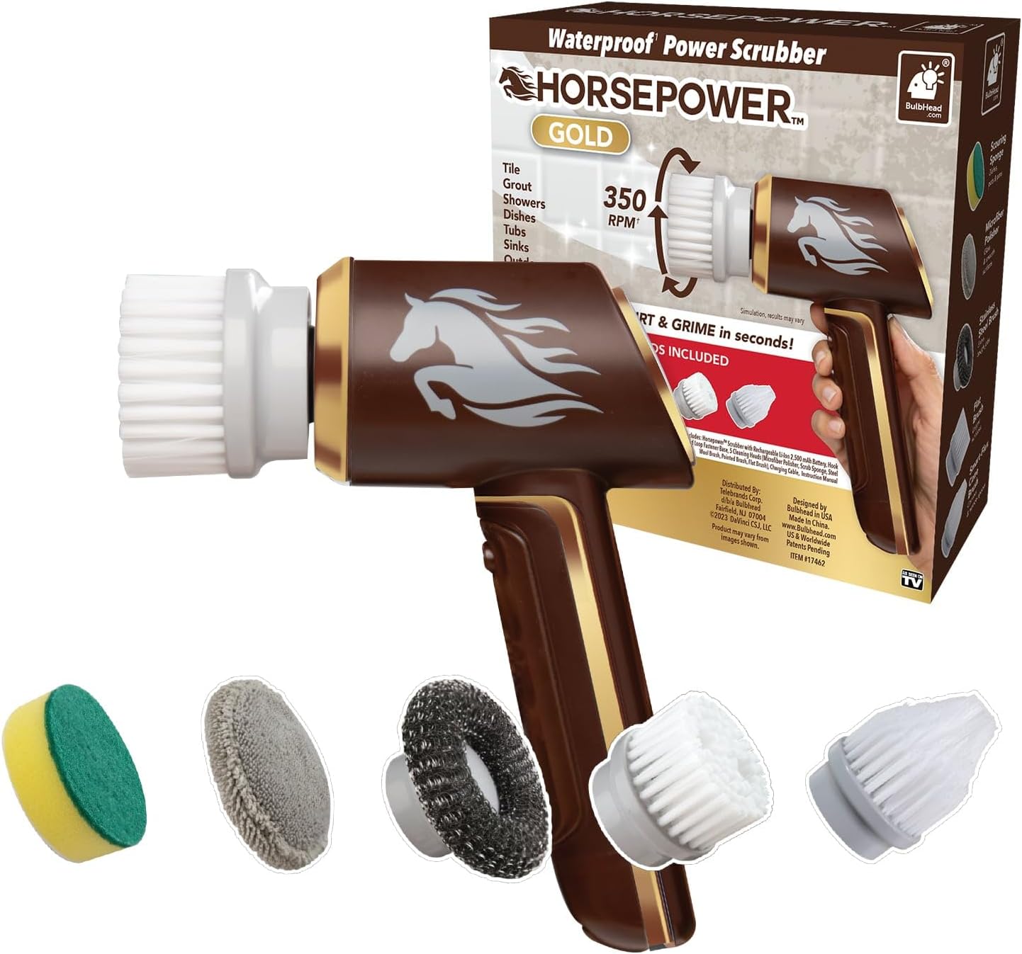 Horsepower Scrubber Gold Edition, Longer Battery Life, Electric Power, Rechargeable, Spins 350 RPM, Waterproof, 5 Brush Heads, AS-SEEN-ON-TV, Cleans Dirt & Grime: Bathrooms, Kitchen, Indoors\/Outdoors