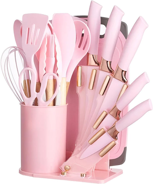 DANFFI - Kitchen Utensils Set - Silicone Cooking Utensils, Non-Toxic Spatula Set, Kitchen Tools, Cutting Board, Pink cooking utensils set (Pink, 19 Pieces HQ)