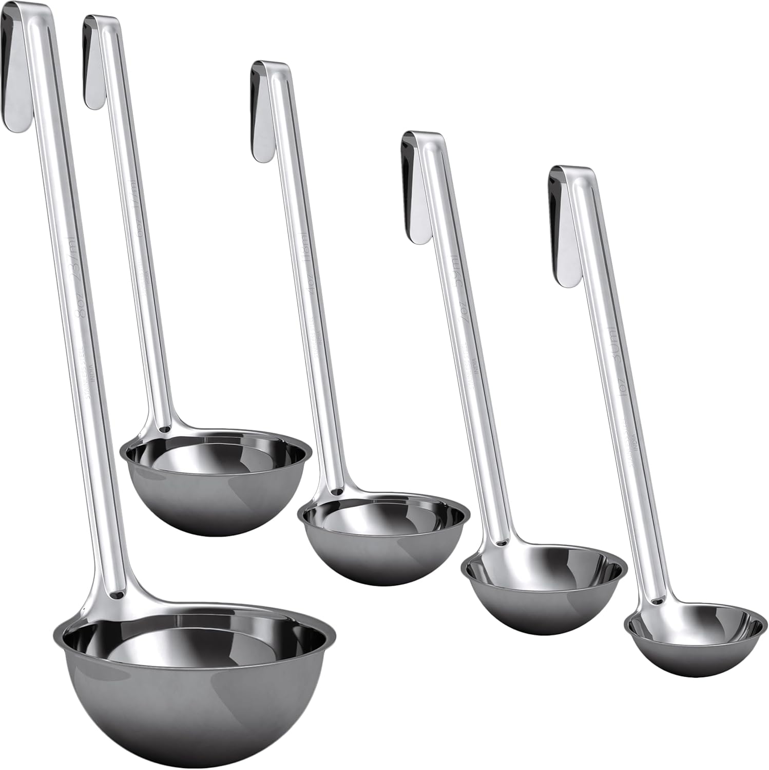 Sturdy, Ergonomic Combo Sizes Ladles 5 Pk. 1 2 4 6 8 Oz Stainless Steel Ladle with Long Handles. Best Kitchen Supplies for Stirring, Portioning and Serving Soup, Chili and Stew in Restaurants and Home