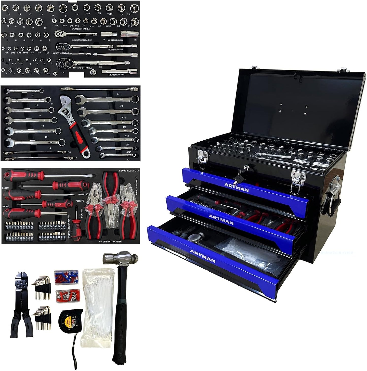 439-Piece Mechanic Tool Set in Heavy-Duty 3-Drawer Steel Box with 4-Tier Socket, Wrenches & Pliers. Portable Household Tool Kit Organizer Case for Auto Repair, Garage, Workshop. Blue