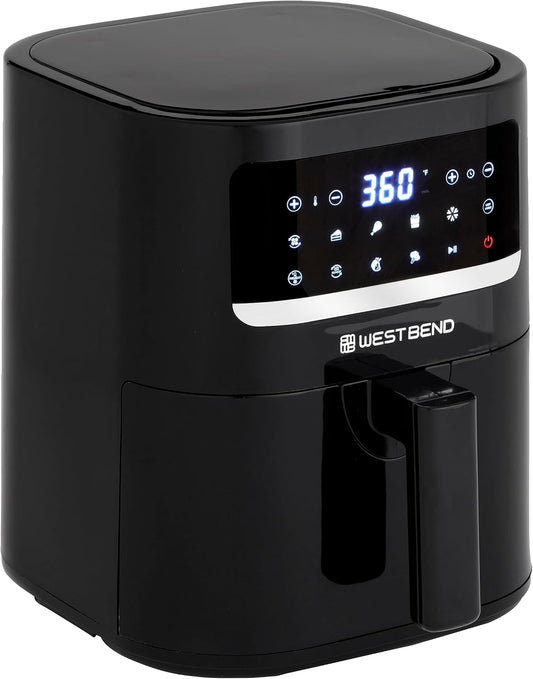 West Bend Compact Air Fryer 5-Quart Capacity with Digital Controls LCD Display and 10 Cooking Presets with Shake Reminder, Nonstick Frying Basket, 1500-Watts, Black