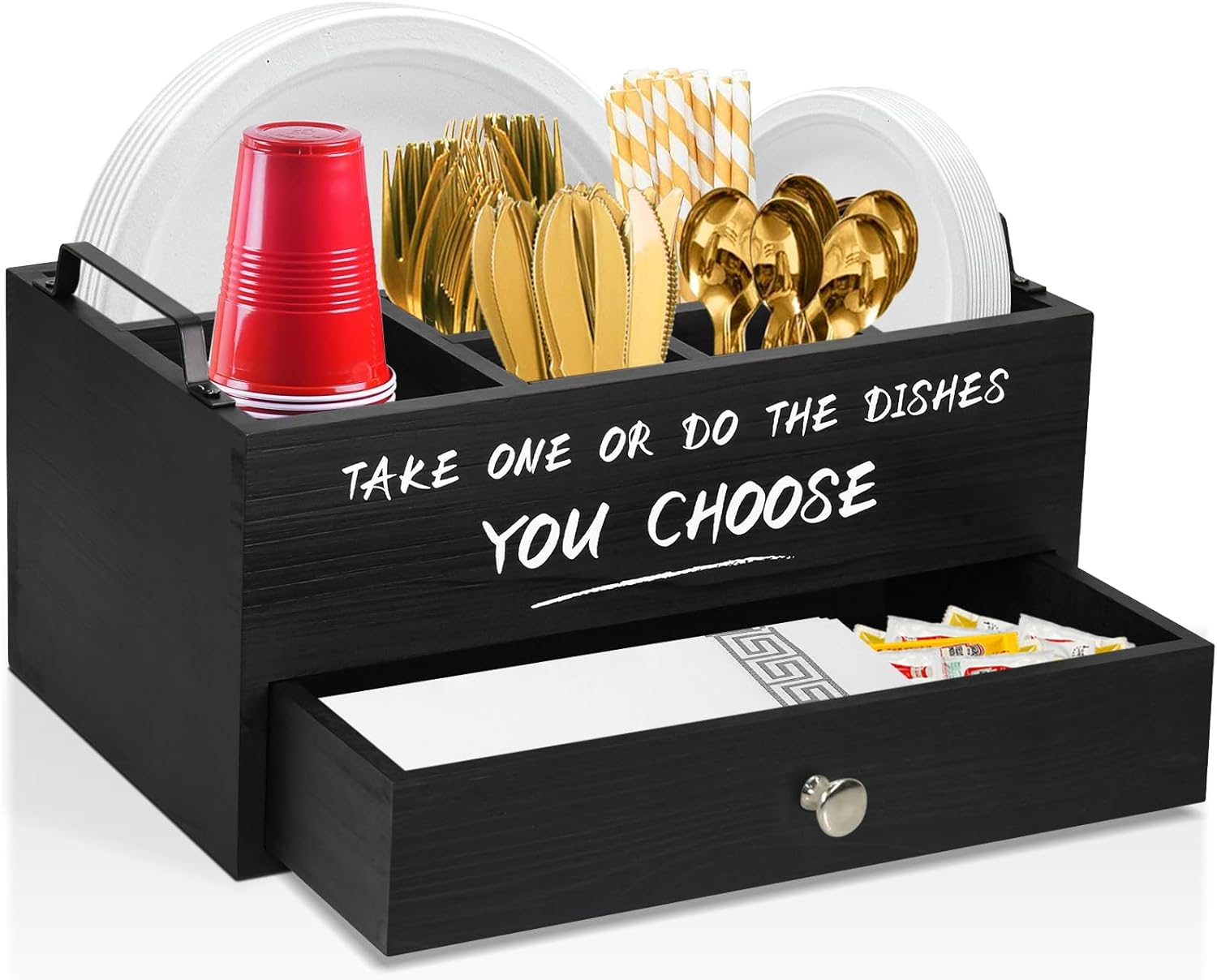 Paper Plate Dispenser with Drawer for Kitchen Countertop, Wooden Paper Plate Holder with Large Cup Holder, Rustic Wood Silverware Caddy Holder, Paper Plate Organizer Kitchen Accessories(Black-Drawer)