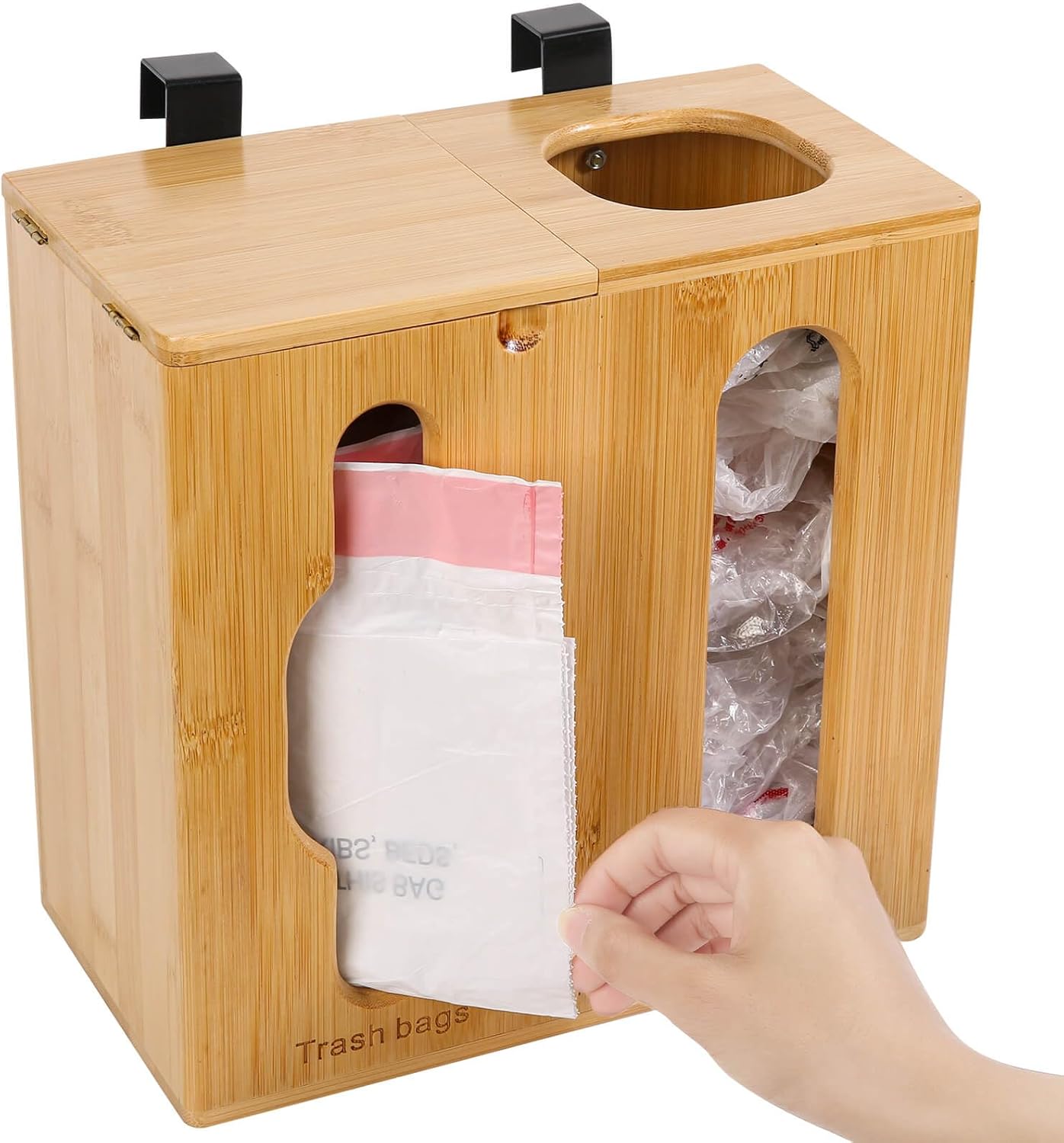 Trash Bag Dispenser & Grocery Bag Holder -2 in 1-Bamboo Plastic Bag Holder with Large Storage Capacity and Wall-Mounted Design, Grocery Garbage Bag Organizers for Kitchen and Laundry Room Organization