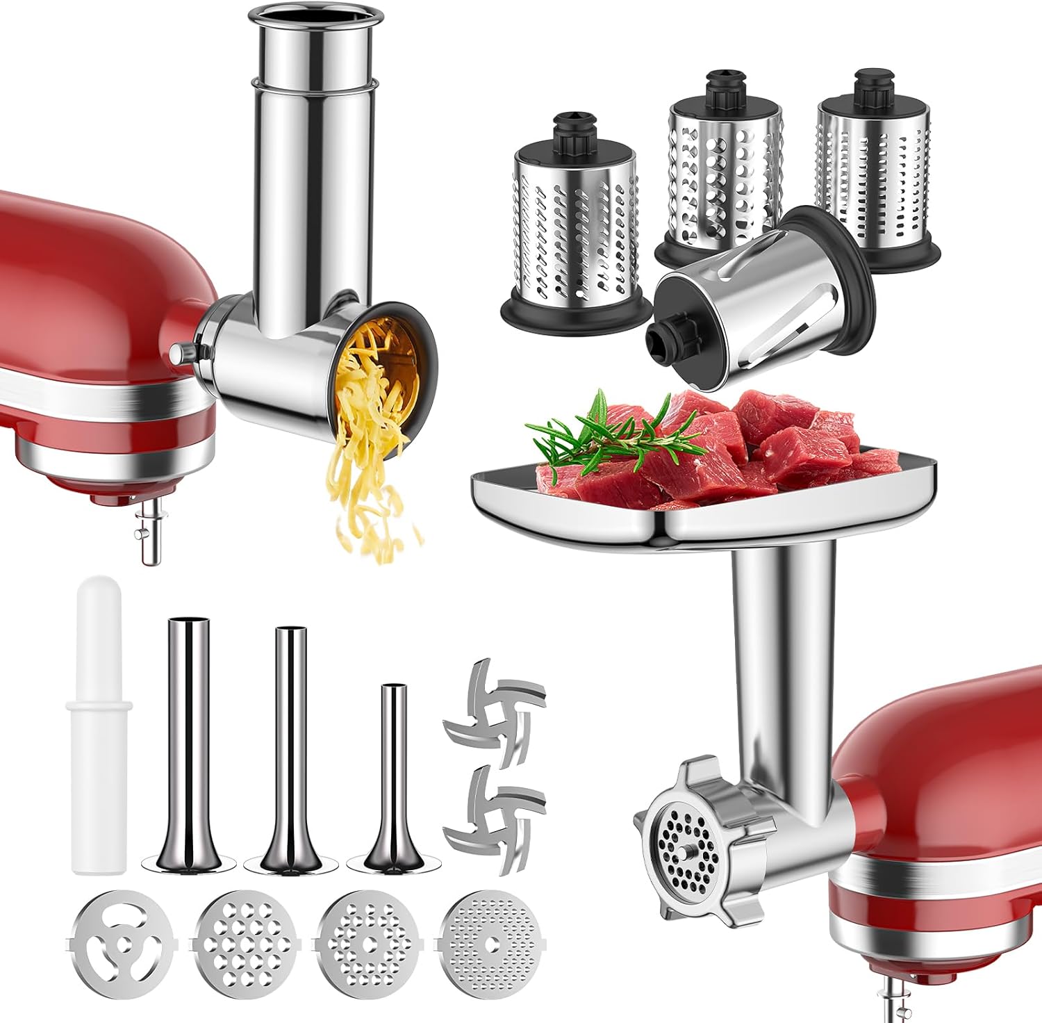 Meat Grinder & Stainless Steel Slicer Shredder Attachment for KitchenAid Stand Mixer, Meat Grinder Attachment with Sausage Stuffing Set and Cheese Grater, For Kitchenaid Mixer Attachments