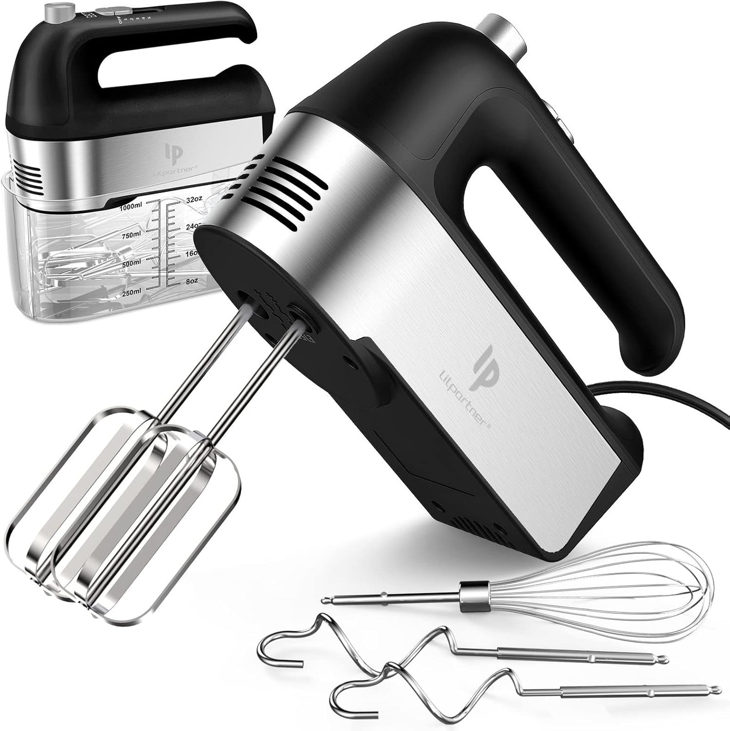 Hand Mixer Electric, 450W Kitchen Mixers with Scale Cup Storage Case, Turbo Boost\/Self-Control Speed + 5 Speed + Eject Button + 5 Stainless Steel Accessories, For Easy Whipping Dough,Cream,Cake
