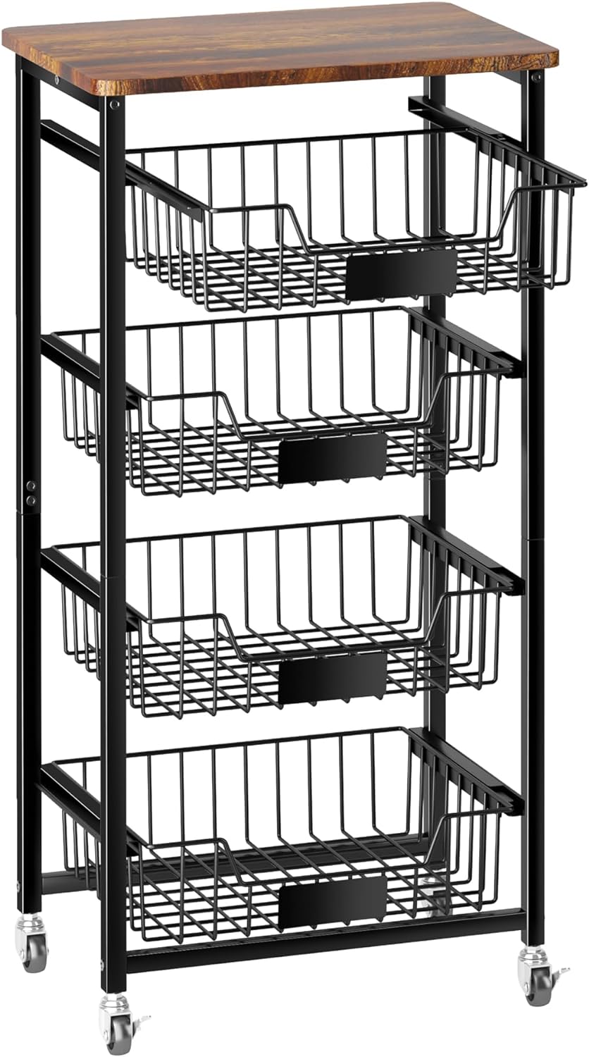 OKZEST Fruit Basket, 5-Tier Utility Kitchen Organizer and Storage Cart with Pull-Out Baskets and Wood Top, Rolling Pantry Kitchen Cart on Wheels for Fruit Potato Onion Vegetable Snack Produce