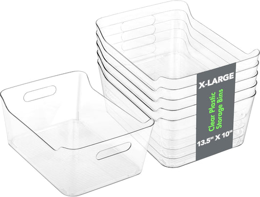 Tiawudi 6 Pack Plastic Storage Bins, Extra Large Pantry Organizer, 13.5" x 10" Clear Storage Containers and Organizer Bins, Multi-Use Bins for Home, Kitchen, Closet and Cabinet