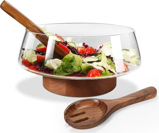 Glass Salad Bowl Set with Wood Base Servers,Extra Large Hand Blown Salad Bowls Kitchen Must Haves,Big Serving Bowl&Trifle Glass Bowl&mixing bowl,Wooden Kitchen Utensils for Party