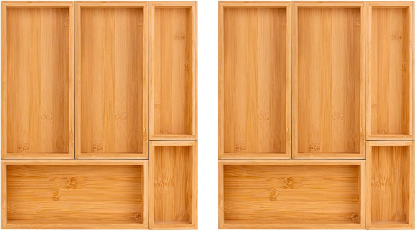 Teicui bamboo drawer organizer Set，expandable drawer dividers,wooden storage organizers,large trays for kitchen, bathroom,flatware,Tea Bag Organizer (2 X 5PCS Natural)