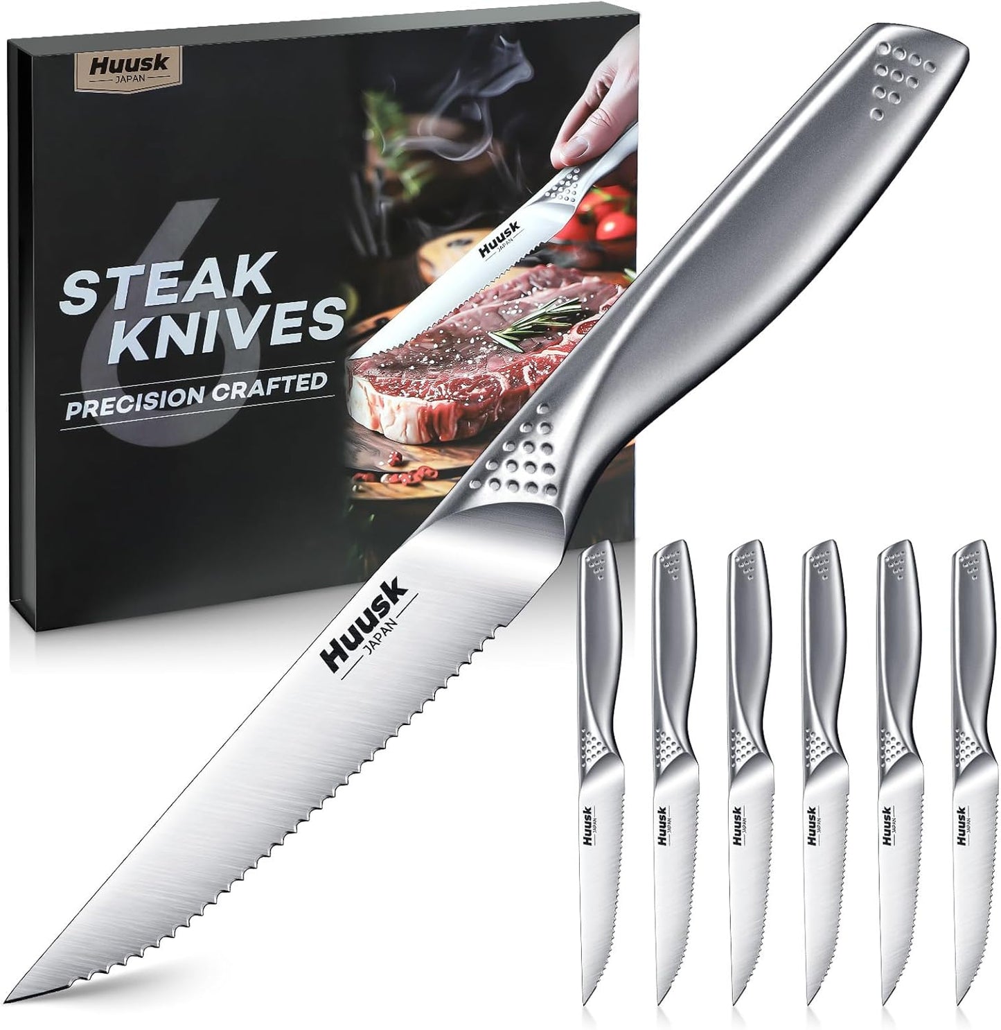 Huusk Serrated Steak Knives Set - 4.5" Japanese Stainless Steel Steak Knives Set of 6, Sharp Dishwasher Safe Dinner Knife for Kitchen Table with Gift Box