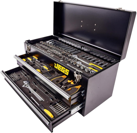JEGS 170-Piece Mechanic's Tool Set - Includes Black Powder Coated Steel Toolbox, Sockets, Extenders, Ratchets, Wrenches, Screwdrivers, Pliers & Bits
