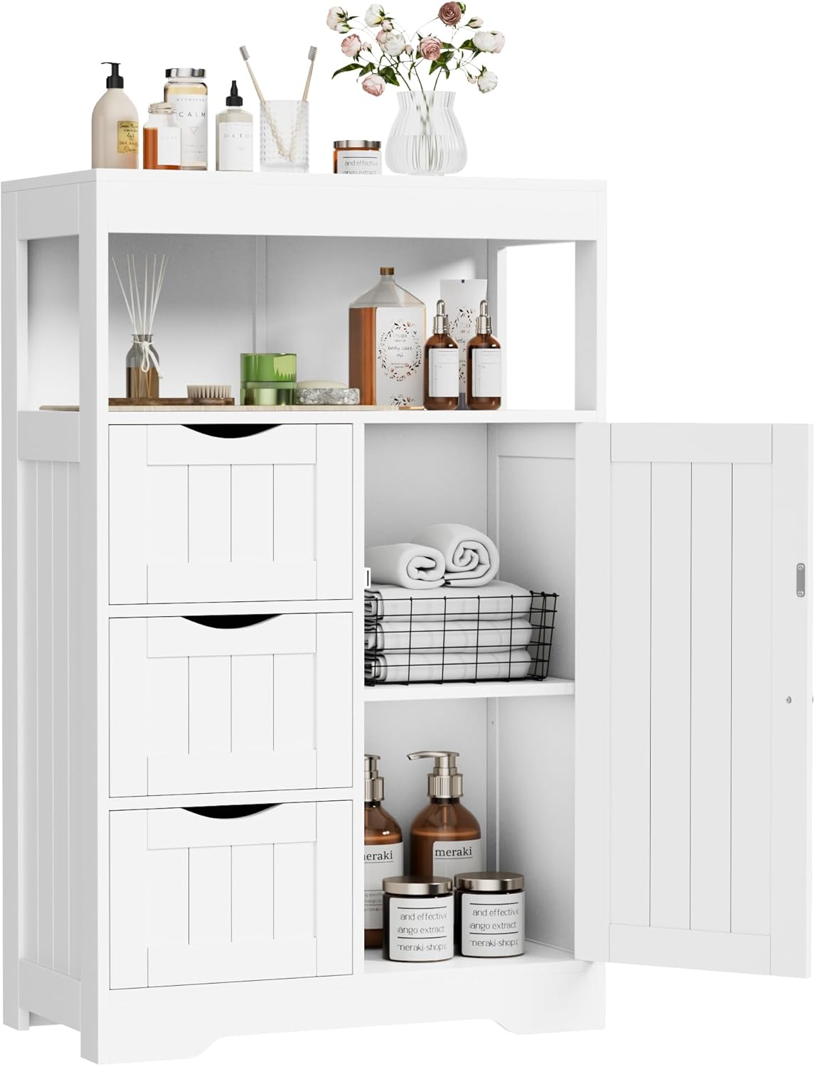 YESHOMY Bathroom Storage Cabinet Freestanding Floor Cupboard with 1 Door and 3 Drawers for Kitchen, Living Room, White