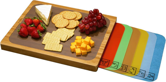Seville Classics Bamboo Premium Wood Cutting Board Serving Tray w\/ 7 Color-Coded BPA-Free Mats, for Chopping Bread, Cheese, Fruits, Vegetables, Meats, Charcuterie (PATENTED), Bamboo (NEW MODEL)