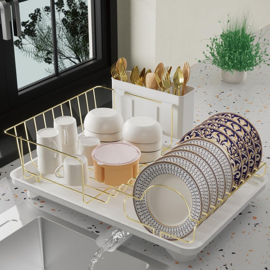 Buruis Dish Drying Rack for Kitchen Countertop, Large Capacity Gold Stainless Steel Dish Drainer with Anti-Slip Rubber Feet, Removable Drain Board and Utensil Holder (White Tray)