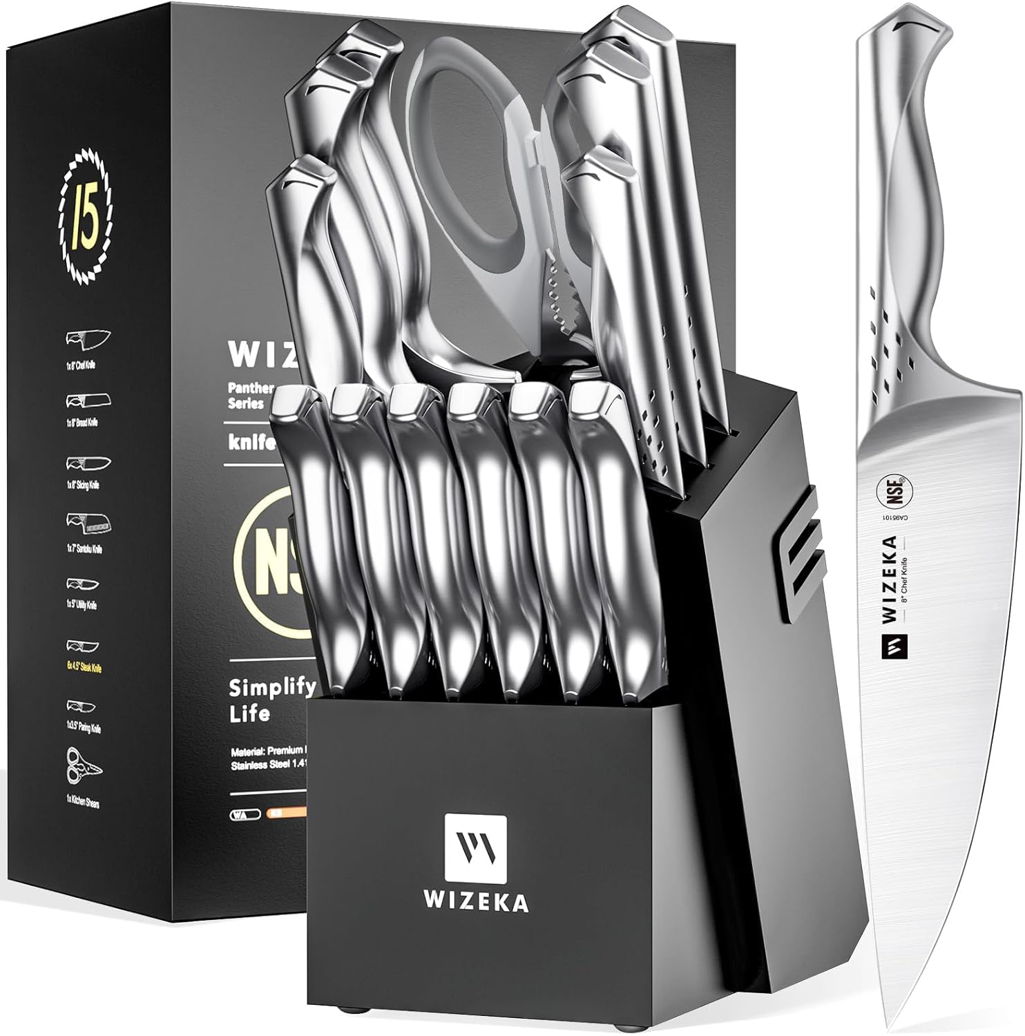 WIZEKA Kitchen Knife Set with Block: Razor Sharp 15 Pcs Professional Chef Knife Set with Knife Sharpener, Food Grade German Stainless Steel Knife Block Set, Jaguar Series