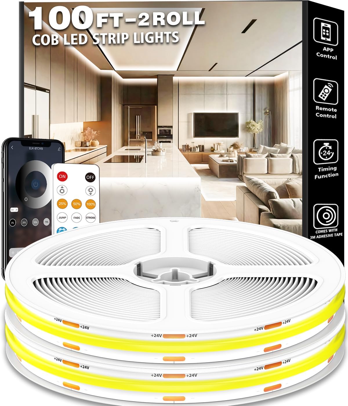 100FT COB Led Strip Lights, Uniform 6500K COB Rope Light,Bright Daylight White lights,High Density,App\/Remote Control,Indoor 24V Cuttable Cabinet Lights for Bedroom,Bookshelf,Showcase,Kitchen