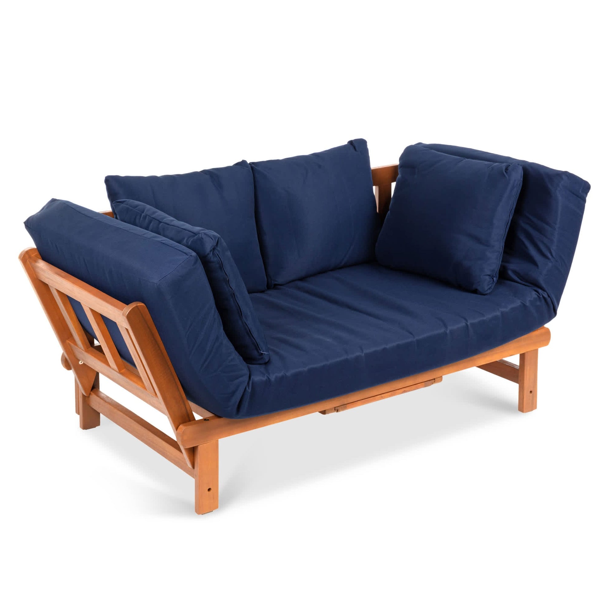 Best Choice Products  Outdoor Convertible Acacia Wood Futon Sofa w/ Pullout Tray 4 Pillows All-Weather Cushion - Navy