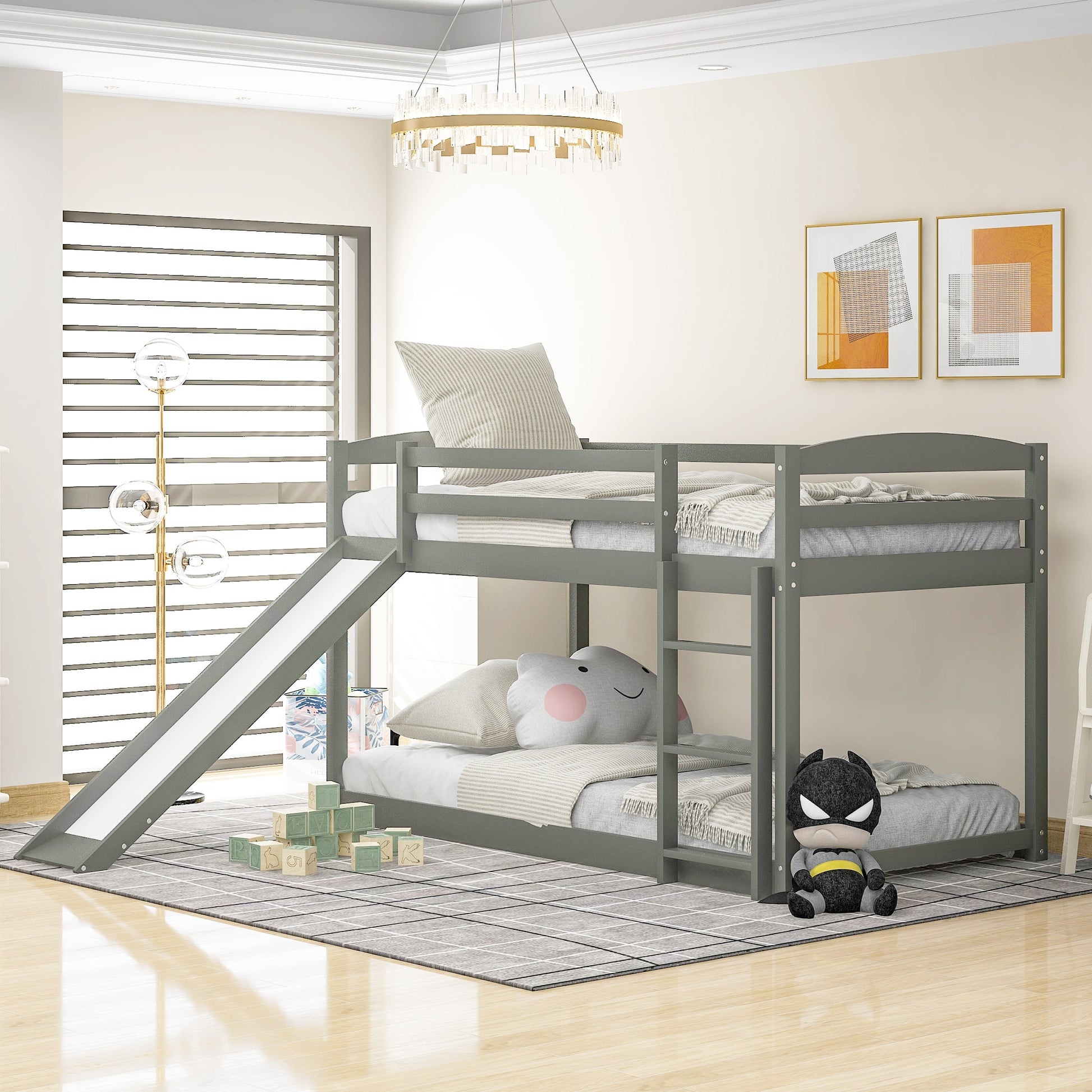 LOVMOR Twin over Twin Bunk Bed with Convertible Slide and Ladder Gray