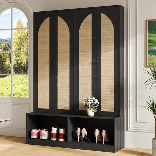 LOVMOR Farmhouse Widen Hall Tree with 4 Rattan Doors Versatile 4-In-1 Seating Bench with 6 Hooks Mid-Century Entryway Shoe Cabinet with Adjustable Shelf for Living Room Black 55.1in W